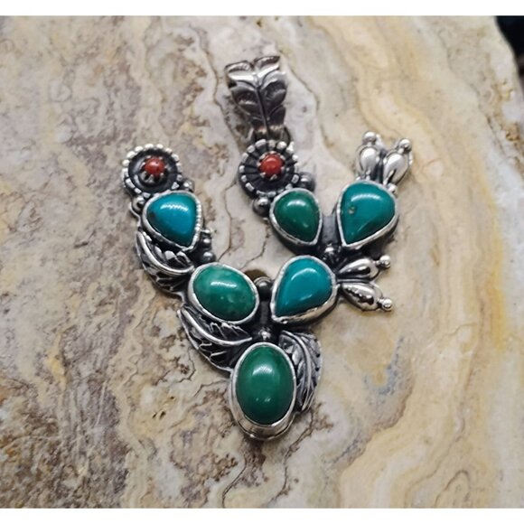 Turquoise & Coral Prickly Pear Cactus Pendant Sterling Silver Southwest Unisex - Picture 1 of 7